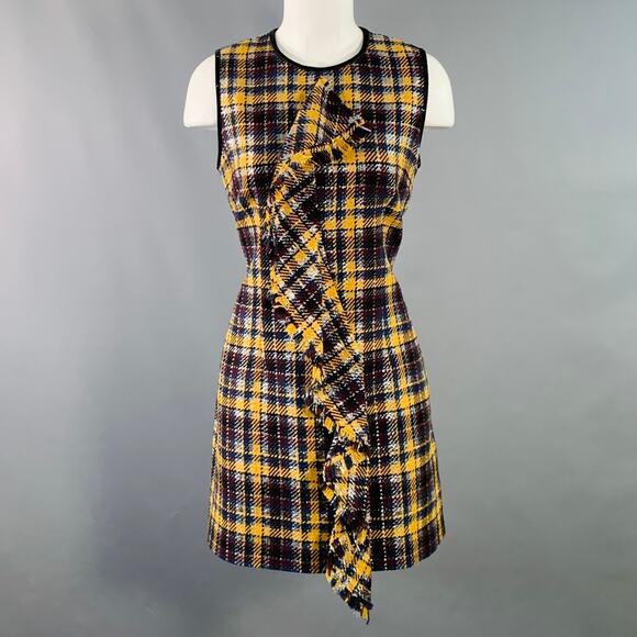 MSGM Size 8 Yellow Black Silver Wool Blend Ruffle Plaid Mini Dress